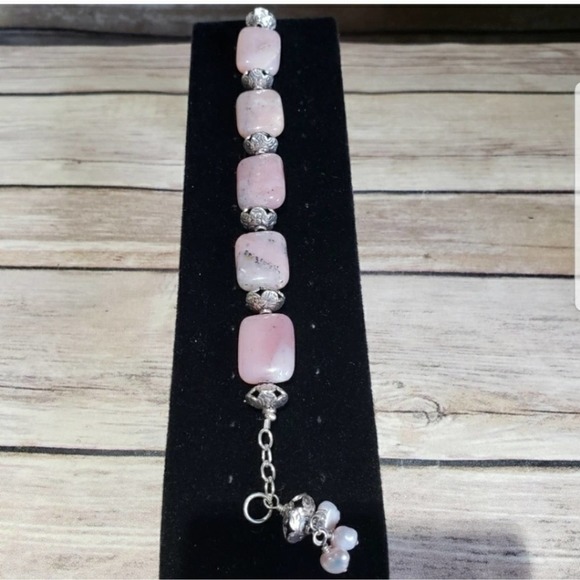 Rhodonite & Pearl Sterling Silver 4pc set Signed Bracelet Necklace Earrings - Picture 3 of 8